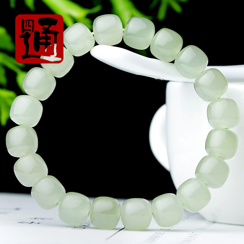 四通和田玉手串老型珠链女款青海玉石天然翠青白玉手链转运珠子