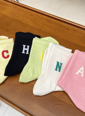 Beeff字母袜子女透气春夏季女袜中筒袜黑白色女士无骨日本袜