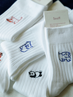 中筒袜 Beeff女 薄款 夏季 无骨透气棉袜子 熊猫小猫小狗刺绣