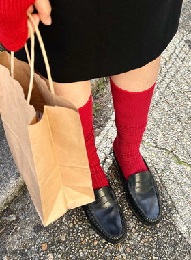 Beeff小腿袜子女 长绒棉｜长筒袜秋冬瘦腿miu灰红色配小皮鞋