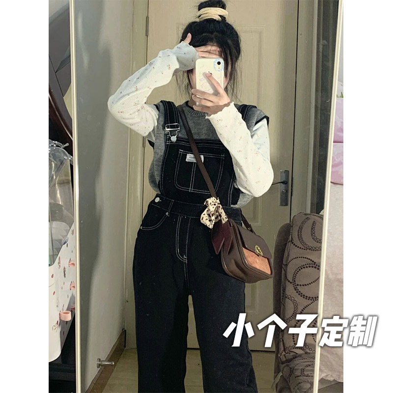 150小矮个子甜酷系牛仔背带裤女新款显瘦宽松直筒阔腿xs九分吊带