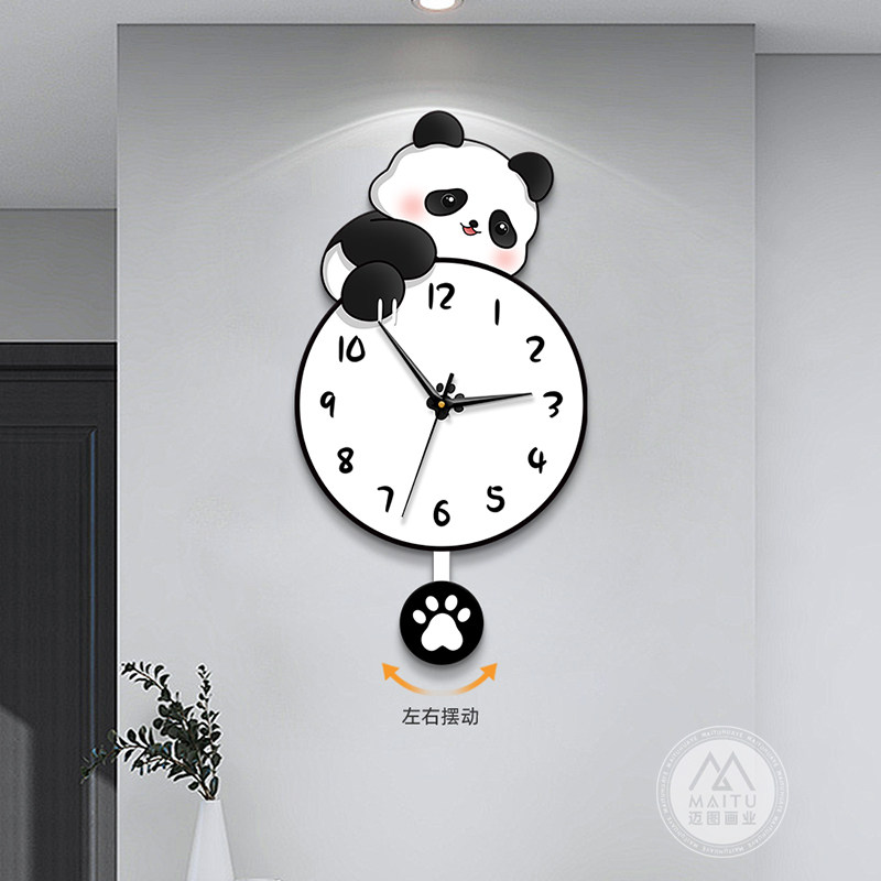 熊猫钟表装饰画 画高级静音摇摆时钟电视背景墙挂表家用饭厅墙上