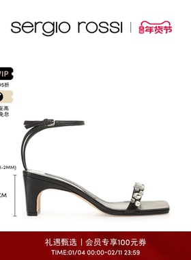 Sergio Rossi/SR女鞋SR1系列一字带钻饰方跟高跟凉鞋