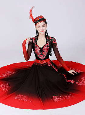 新疆舞蹈演出服装红色大摆长裙女维吾尔族艺考表演服新阿瓦尔古丽