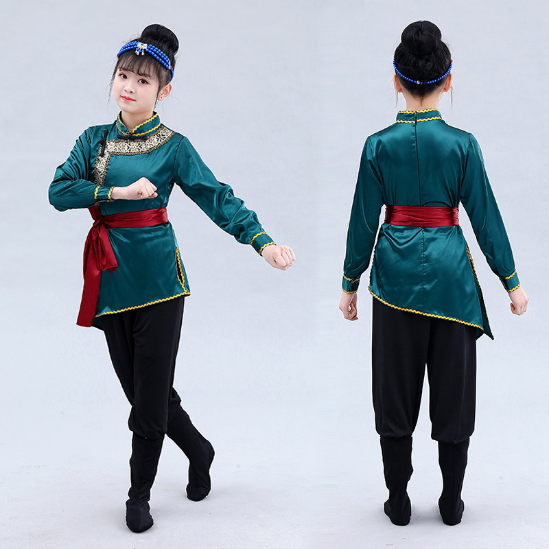 儿童蒙古舞蹈演出服女孩秋季中小学生表演服蒙古袍红色墨绿色新款