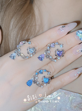 SIsi原设高定日系luna超仙宫廷戒指 镀金镶璀璨海蓝宝锆小众指环