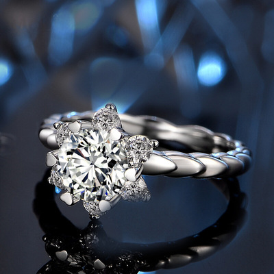 新款2克拉仿莫桑石扭臂雪花开口戒指 镀pt950花朵求婚结婚戒指女