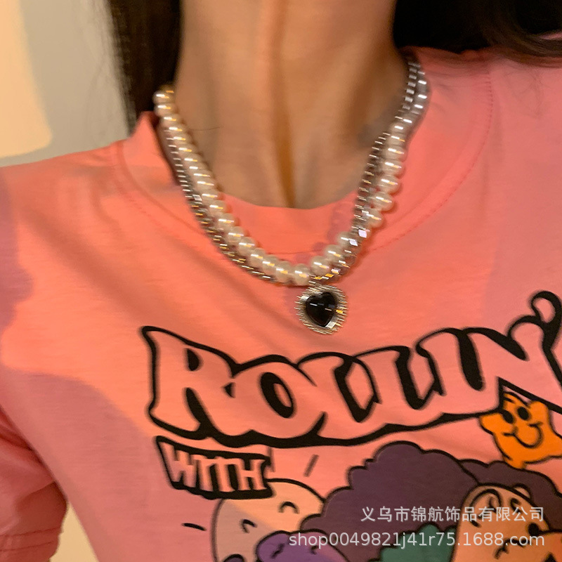 黑色爱心 双层叠戴项链女ins嘻哈冷淡风复古珍珠锁骨链2023年新款