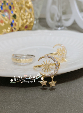 SIsi几何小众闪钻星月开口戒指 镀金冷淡风气质网红时尚月光指环