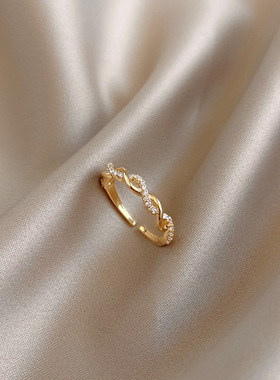 编织麻花开口戒指女ins气质网红指环闪钻尾戒食指戒花藤双环戒指