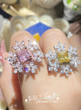 Sisi樱花树下 镀18K金 小众设计高定珠宝 阿斯切公主方粉雏菊指环