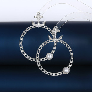 欧美时尚新款船锚耳坠个性圆形珍珠耳饰女镶嵌锆石S925银耳钉