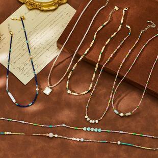 新款复古天然石淡水珍珠项链中古风彩色水晶串珠高级气质感锁骨链