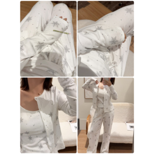SK1M温柔重工雪花烫钻背心女纯棉吊带长裤三件套家居服睡衣带胸垫