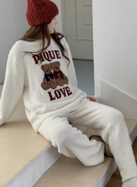 日单gp加厚保暖半边绒睡衣2024新款可爱小熊love软绵绵家居服冬季