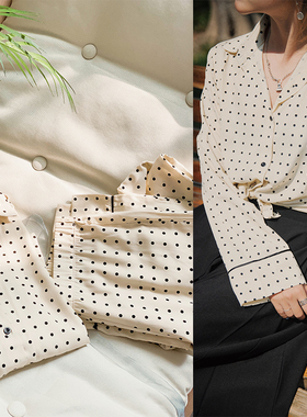 清新小圆点~~秋冬薄款 女长袖长裤家居服套装 贡缎人棉舒适睡衣