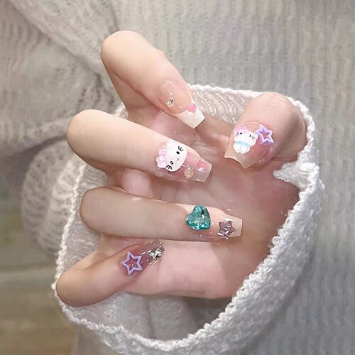 冰透粉Kitty猫星星猫眼卡通可爱多巴胺中长款手工穿戴甲学生甲片