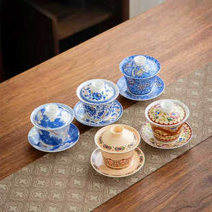 珐琅彩掐丝金线盖碗三才杯白瓷功夫茶具泡茶碗悬停盖碗可旋转挂杯