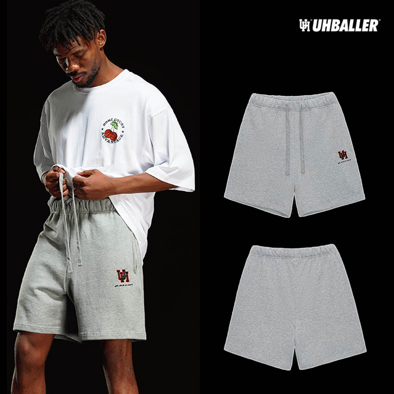 UH正品美式复古水洗重磅篮球短裤不过膝灰色纯棉刺绣运动健身休闲