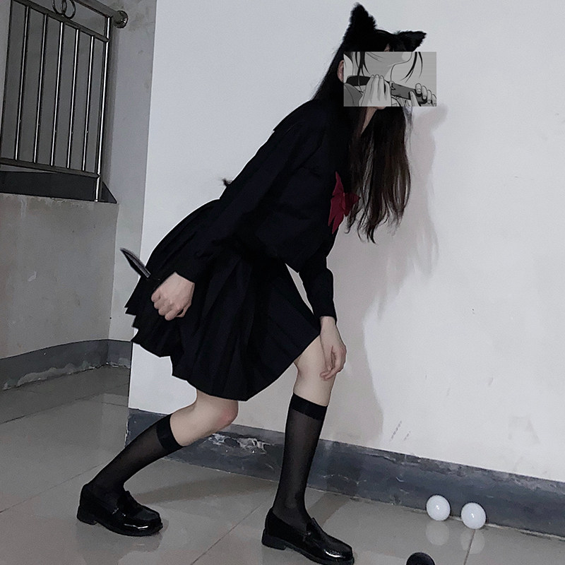 酷jk制服暗黑系正统三本黑色基础款全套装秋夏水手服黑无本短长袖