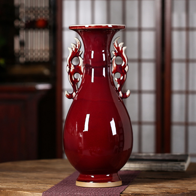 景德镇陶瓷器 钧瓷颜色釉双耳郎红花瓶 玉壶春中式家饰工艺品摆件