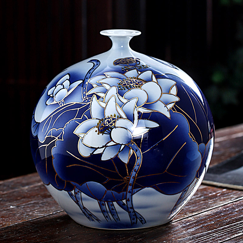 景德镇陶瓷器花瓶大师手绘青釉描金中式家居客厅装饰摆件饰品
