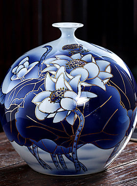 景德镇陶瓷器花瓶大师手绘青釉描金中式家居客厅装饰摆件饰品