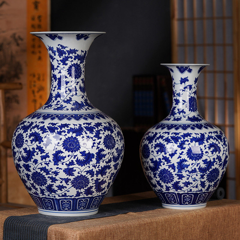 景德镇陶瓷器仿古青花瓷花瓶客厅装饰品中式复古家居摆设瓷瓶摆件