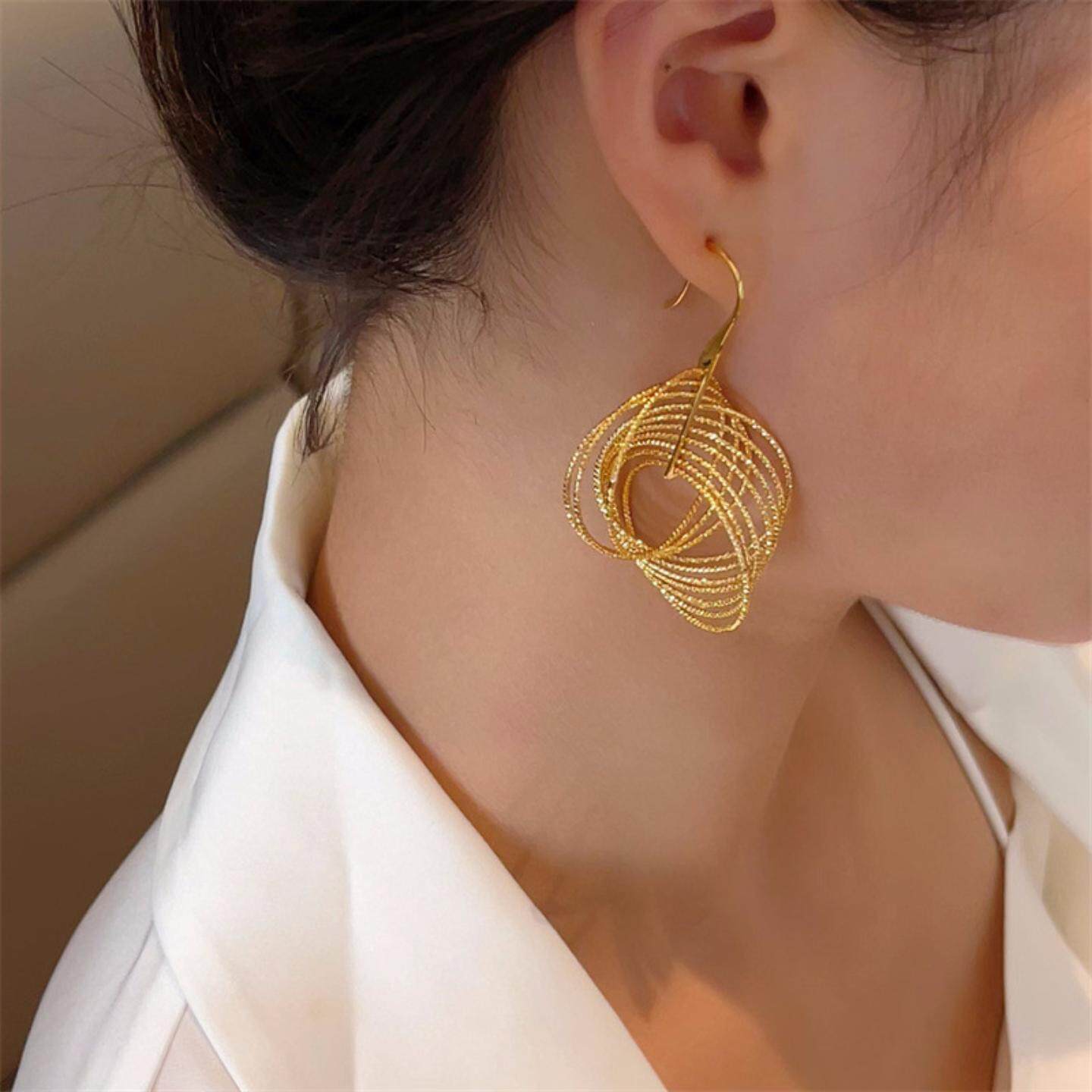 网络款欧美风电镀18K金多层圈圈耳钩个性时尚灵动大气耳环耳饰品