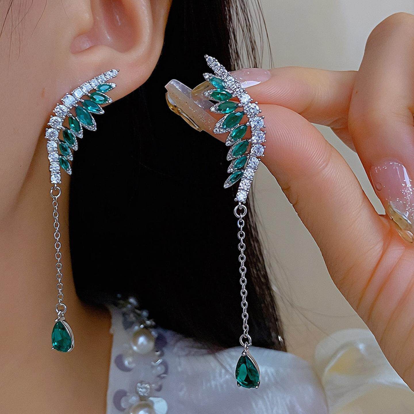 微重工翅膀耳环超仙气质优雅名媛方圆脸显瘦长款水滴流苏羽毛耳饰