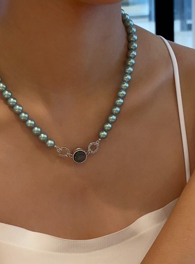 日韩清新小众设计磁铁珍珠贝母颈链复古双圆环项链精致微镶锆石锁