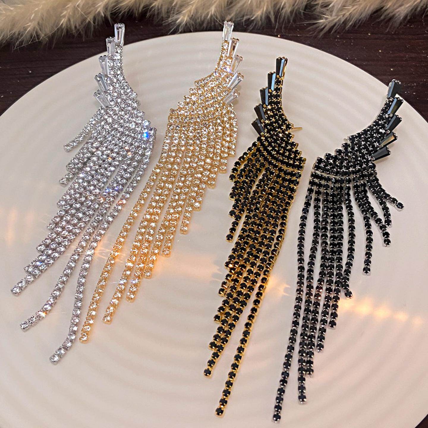 欧美新款锆石爪链翅膀流苏耳环女简约百搭耳坠高级感夸张长款耳饰