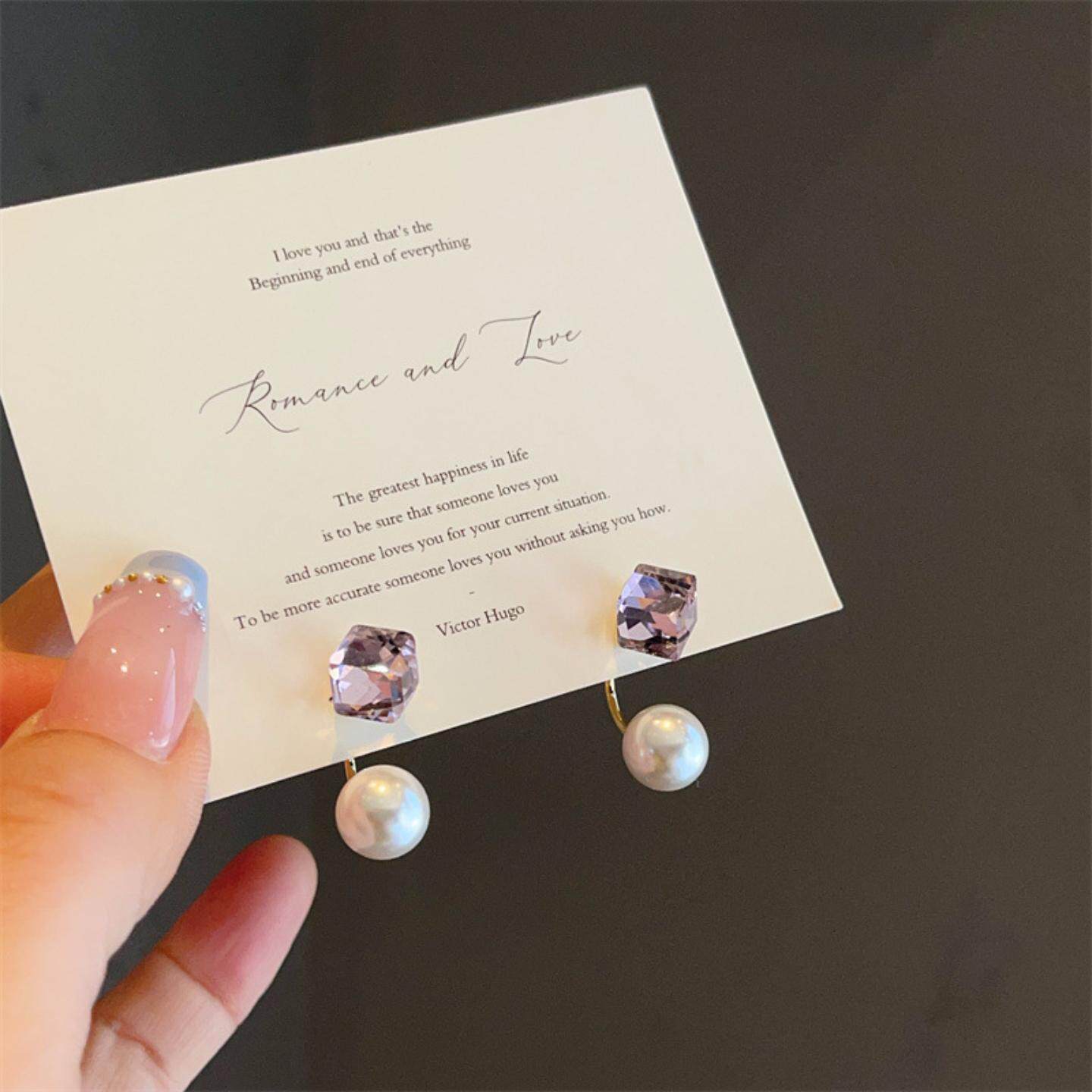 小众设计感粉色方糖锆石珍珠耳环前后戴多用耳坠韩版清新简约耳饰