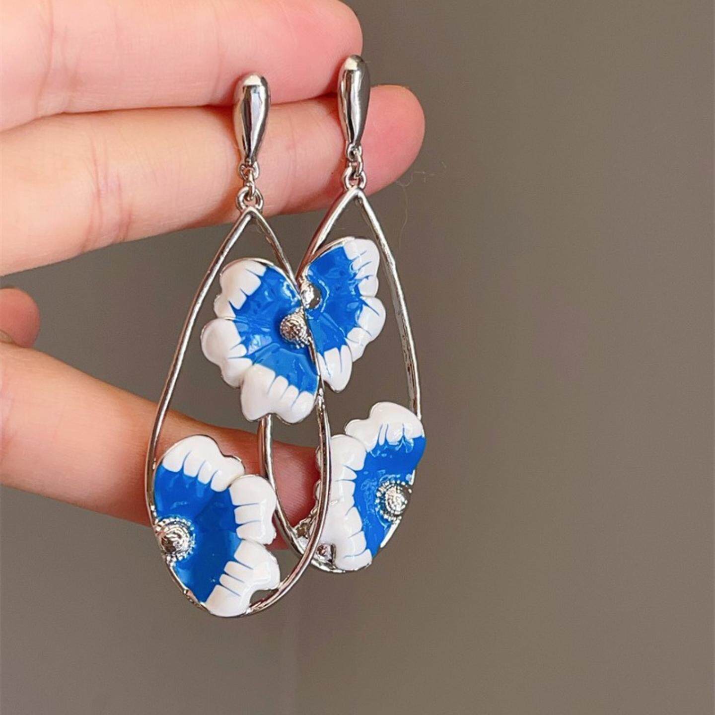 时尚波西米亚风青花瓷滴油雏菊花朵耳钉时尚女士优雅耳环耳饰