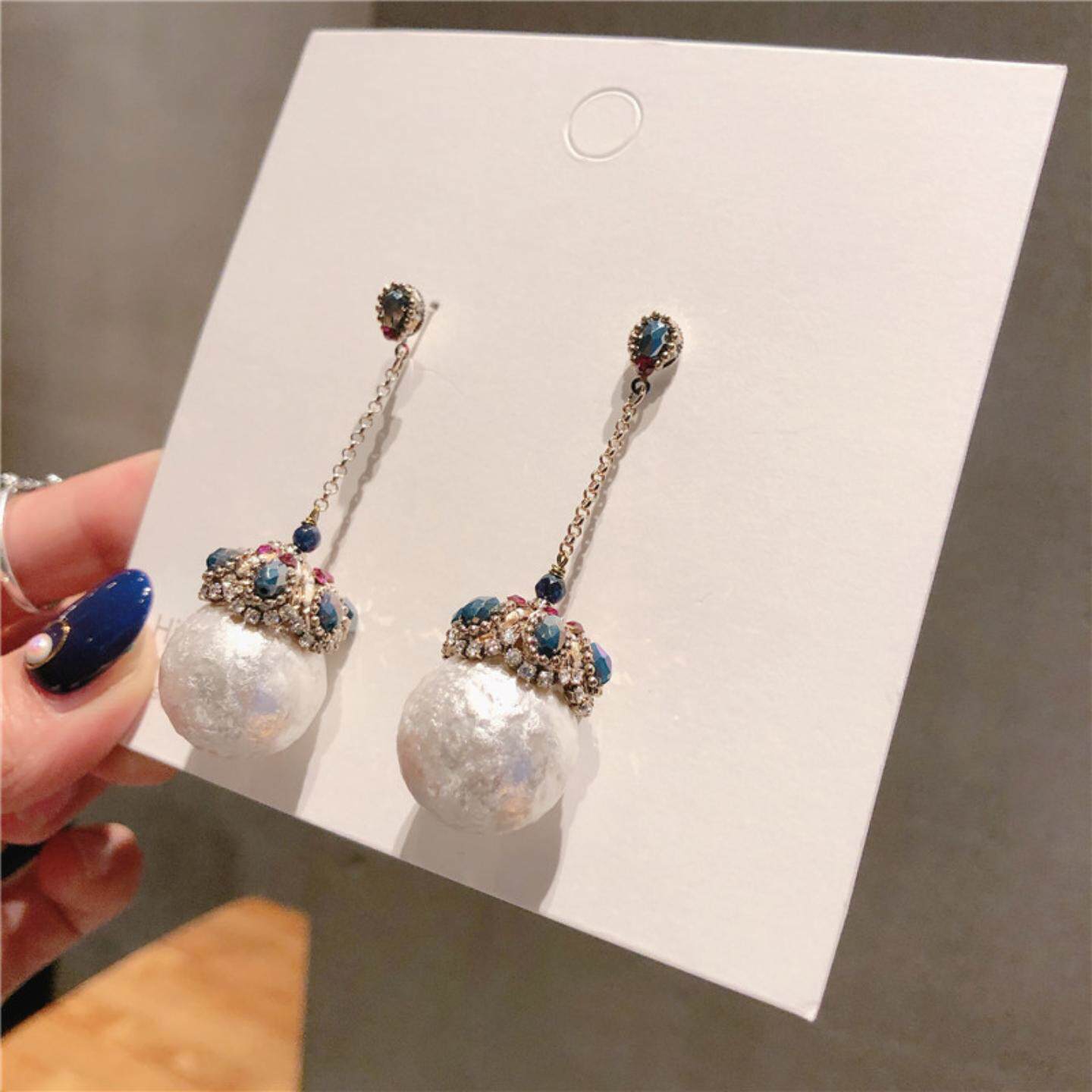 925银色韩国同款 手工荧光大珍珠手工微镶彩色锆石大耳环女耳坠