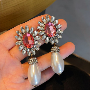 小众设计水滴大珍珠耳环甜酷风重工复古大宝石长耳坠高档耳饰品