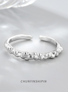 ins风小众设计感饰品s925纯银素圈肌理不规则指环个性开口戒指女