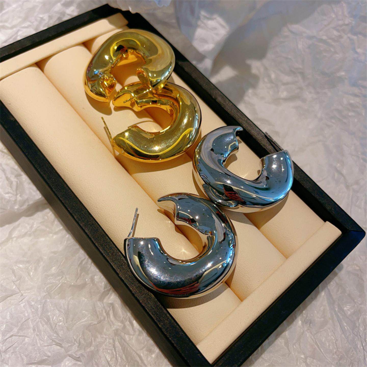 925银针时尚气质空心圈圈耳钉黄铜镀18K金高级感简约C形耳环