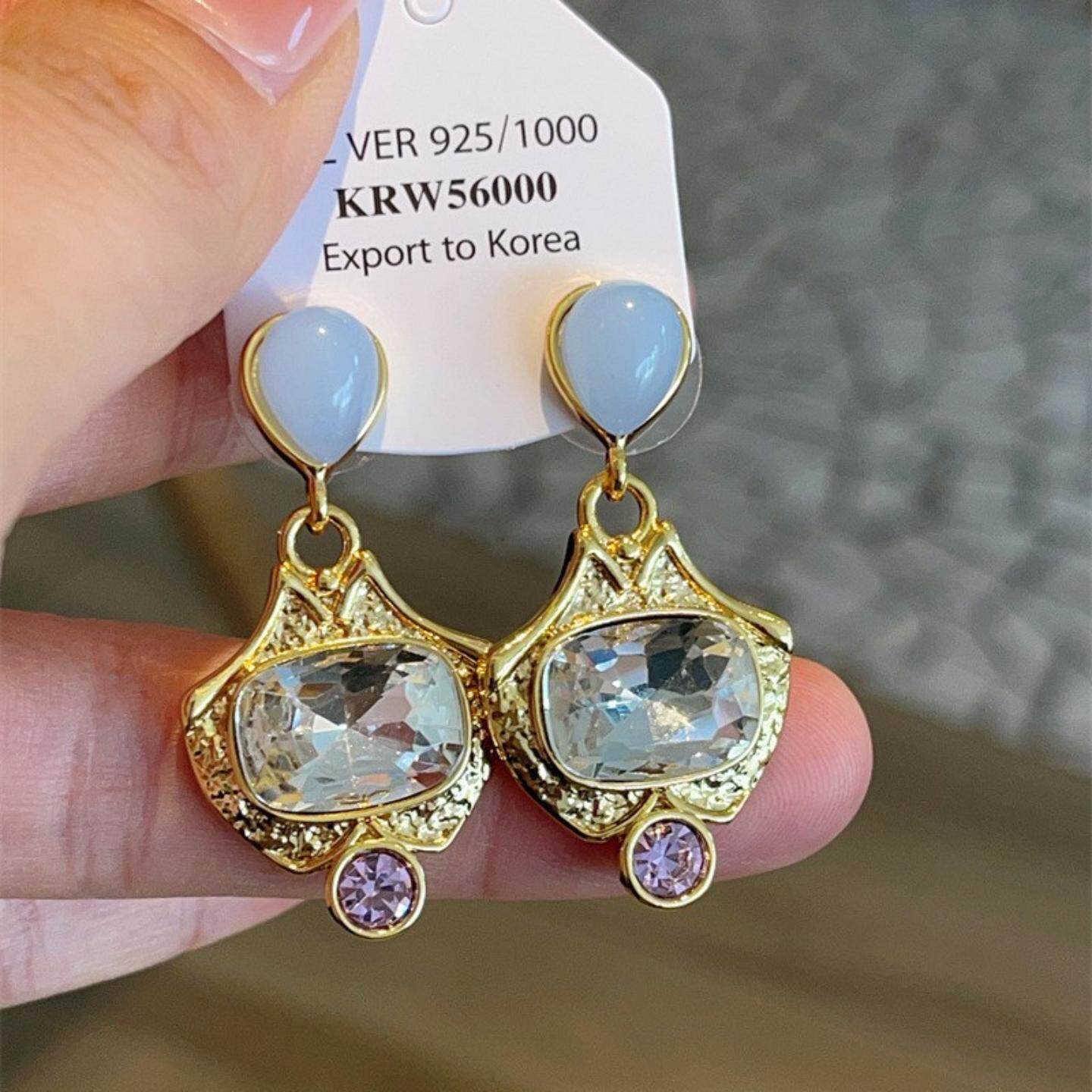 中古风vintage海蓝宝石耳环电镀18K金复古高级感撞色夸张耳钉耳饰