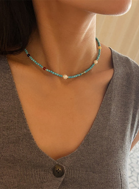 高级感绿松石玛瑙原石串珠锁骨链女2024夏季新款复古盐系颈链