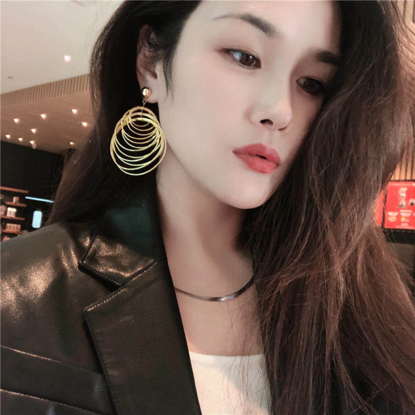 银针欧美金属风18K金多层圈圈大耳环个性时尚气质长款大耳坠耳饰