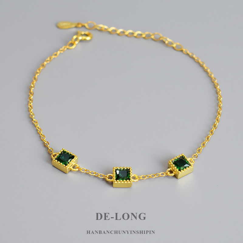 金色方块s925纯银手链气质百搭小众祖母绿手链个性潮流饰品女