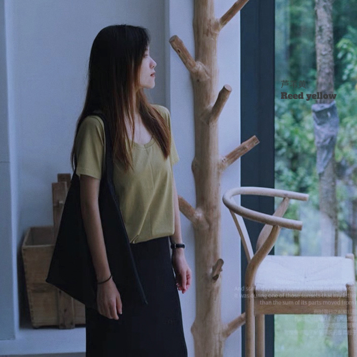 Guoxi定制 荞麦黄进口丝光诺贝儿棉气质U领宽松短袖t恤女夏