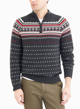 J.crew加厚费尔岛半高拉链领羊毛混纺民族风针织衫毛衣男Jcrew