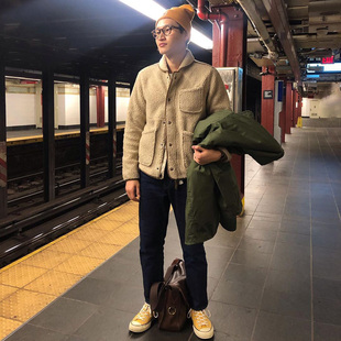 J.crew北欧风夏尔巴人披肩领复古青果领仿羊羔绒外套夹克男JCREW