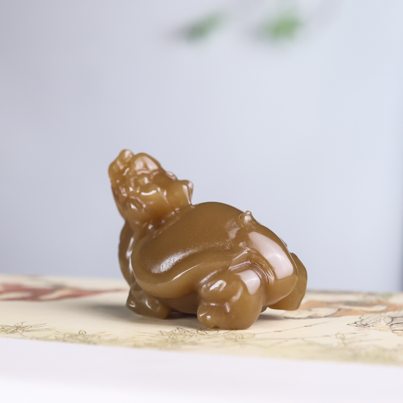 青山玉业新疆和田玉糖玉羊脂黄玉龙龟手把件且末糖料玉石长寿龟把