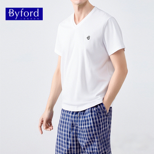 白色V领家居服可外穿透气套装 byford百富格子纯棉短裤 MH99250017