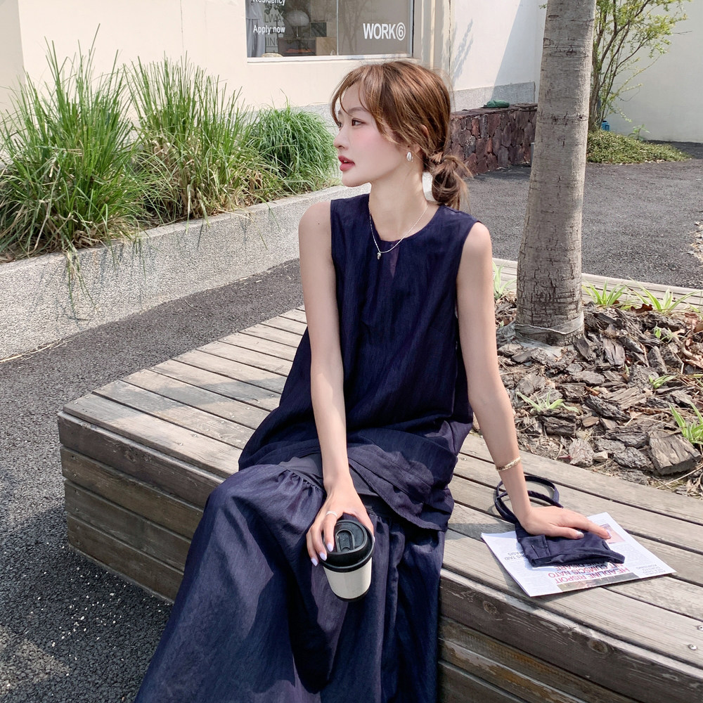 深蓝色气质假两件连衣裙女2025夏季新款韩系休闲设计感背心长裙子,女装连衣裙,浙宝157（原165A）