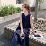 深蓝色气质假两件连衣裙女2025夏季新款韩系休闲设计感背心长裙子，女装连衣裙，浙宝157（原165A）