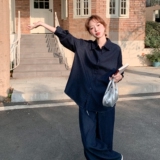 深蓝色复古牛仔衬衫小背心阔腿裤三件套女2025夏季新款轻薄休闲潮，女装套装/套裙，浙宝157（原165A）